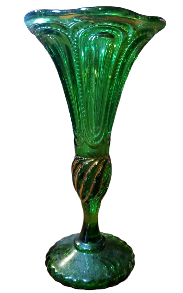 Antique EAPG Green Glass Bud Vase Gold Trim Zipper Bubbles OLD